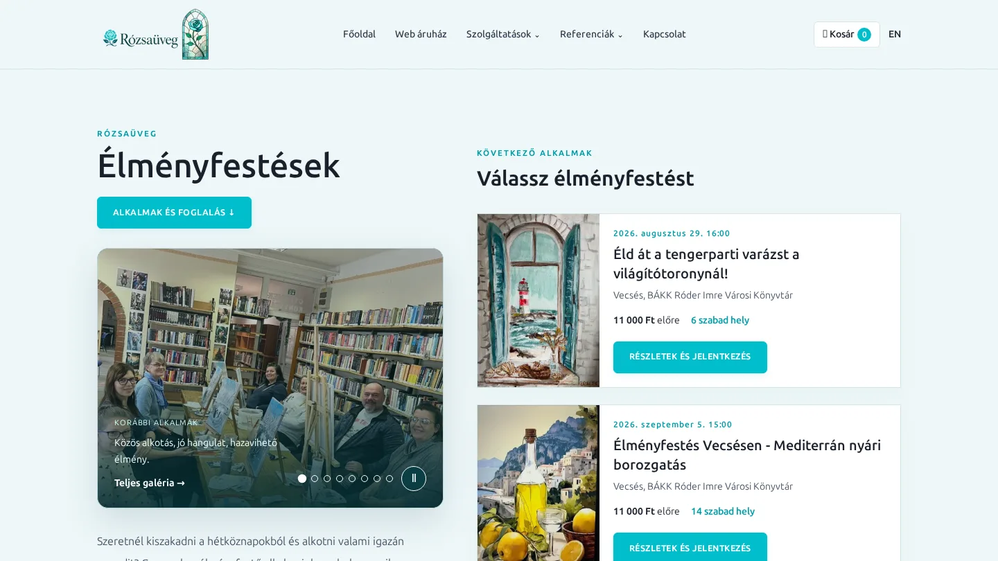 A Rózsaüveg élményfestés oldalának publikus eseménylistája